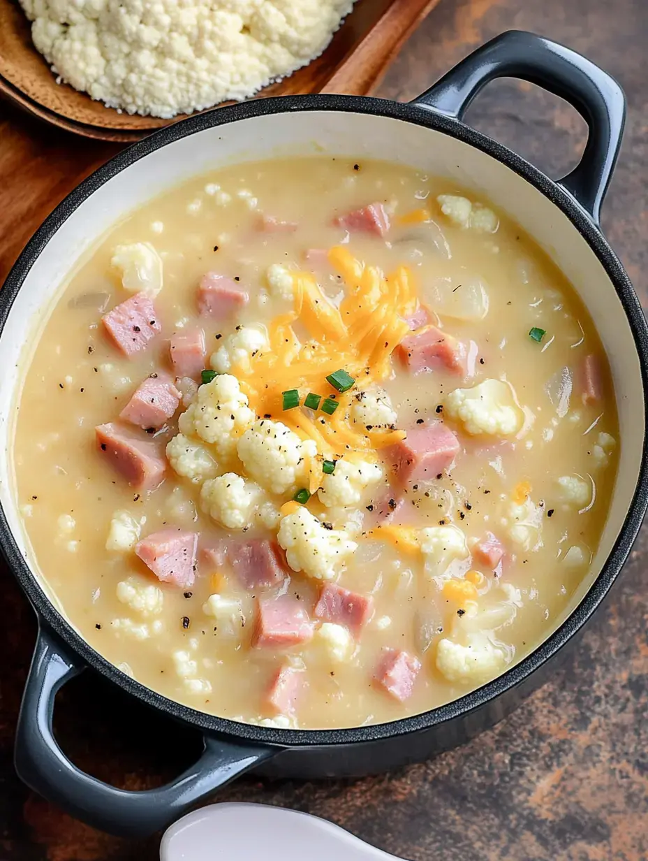 Une soupe crémeuse au chou-fleur, morceaux de jambon et fromage râpé servie dans une cocotte noire, avec un bol de semoule moelleuse à côté.