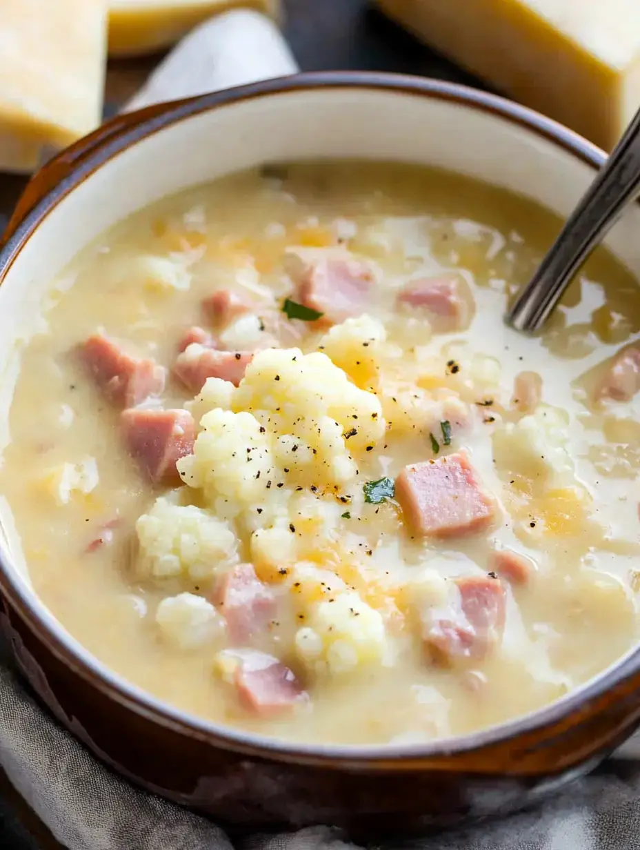 Un bol de soupe onctueuse avec chou-fleur, dés de jambon, et une pincée de poivre noir.