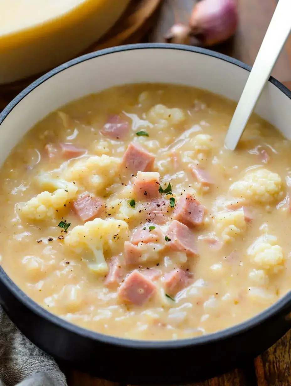 Zoom sur une soupe crémeuse au chou-fleur et jambon dans un bol noir, décorée de fines herbes et de poivre.
