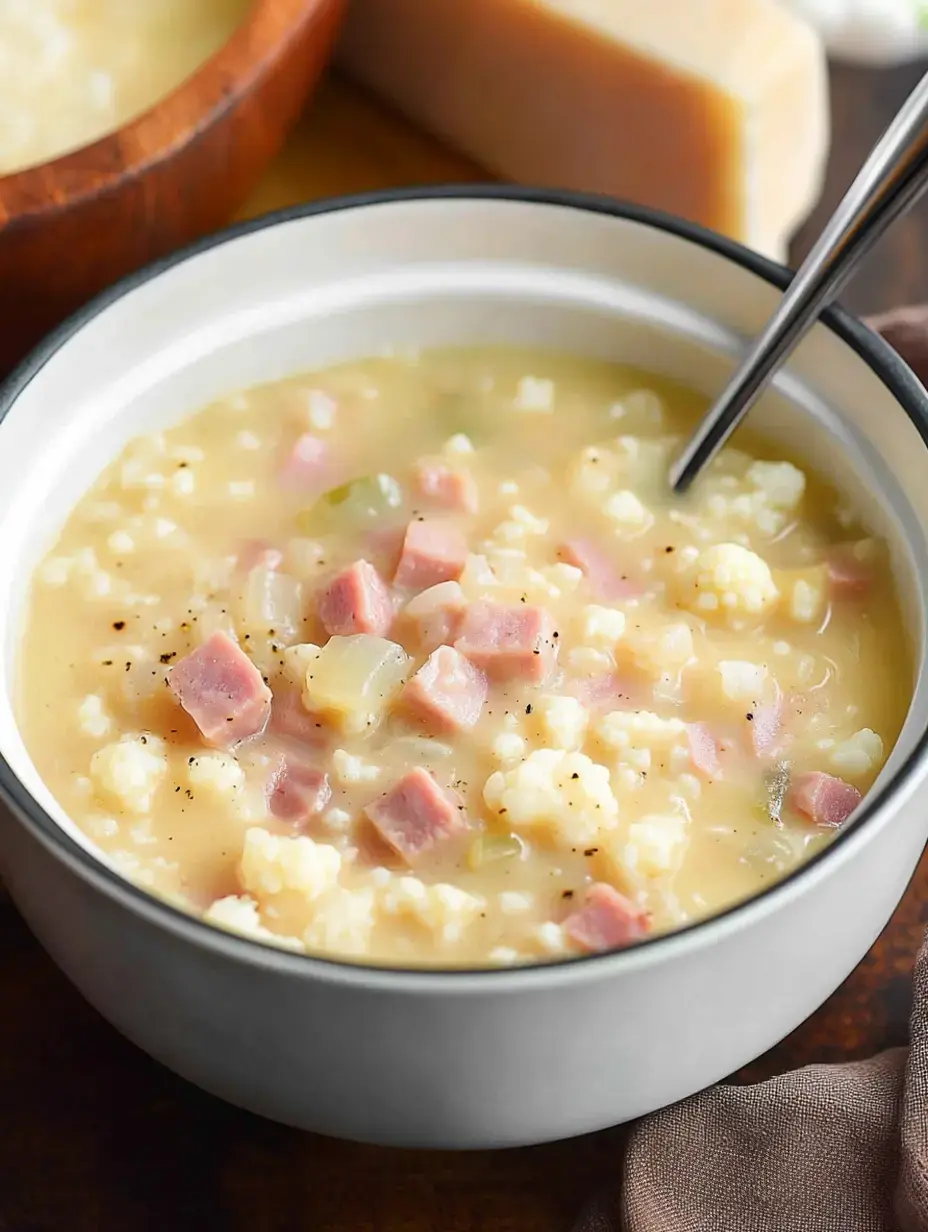 Un bol de soupe crémeuse pleine de dés de jambon, chou-fleur et épices, avec en fond un bol en bois et un morceau de fromage.