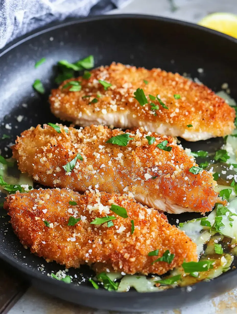 Trois morceaux de poisson panés dorés à la poêle, parsemés de persil dans une poêle noire.