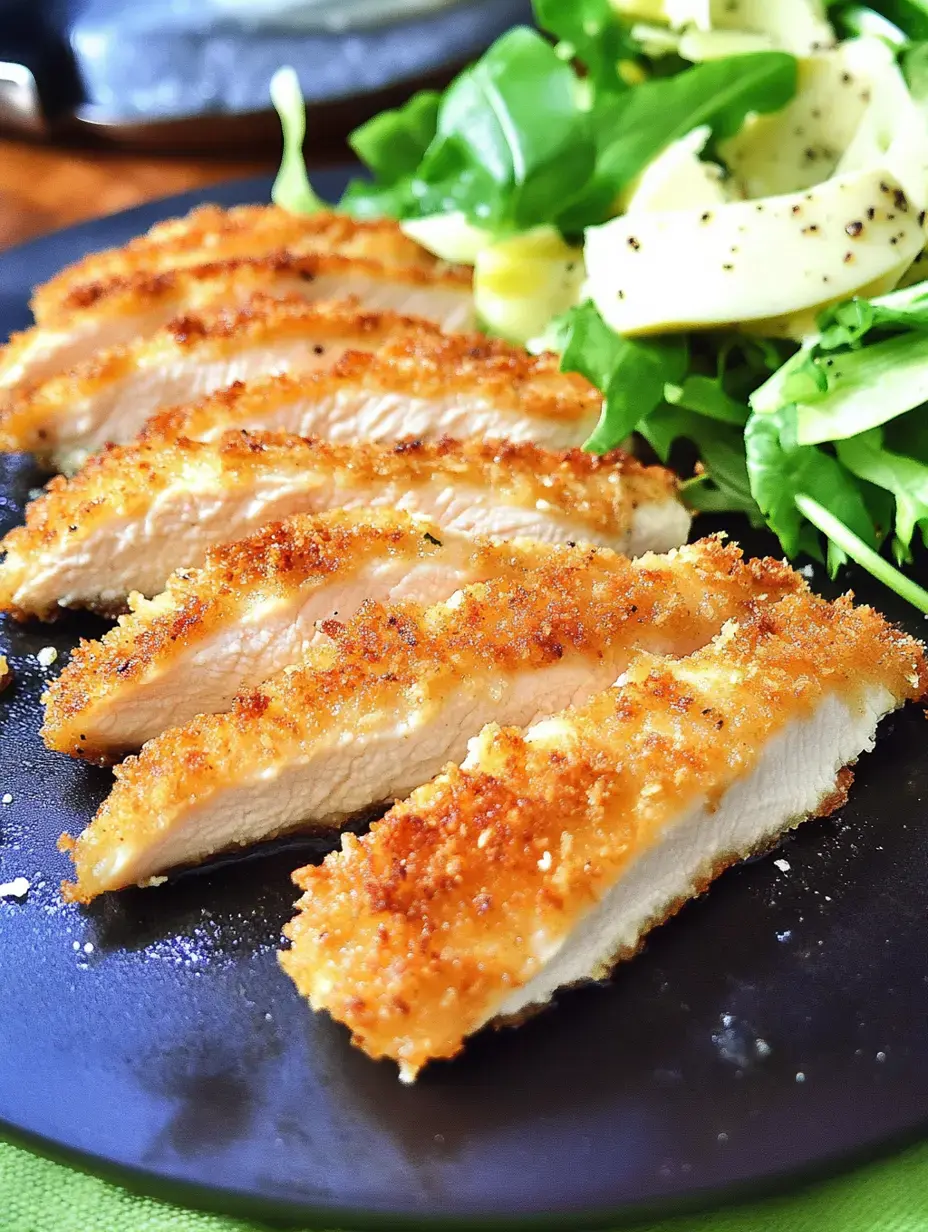 Une assiette de blancs de poulet panés et coupés, à côté d’une salade fraîche avec des tranches de pomme.