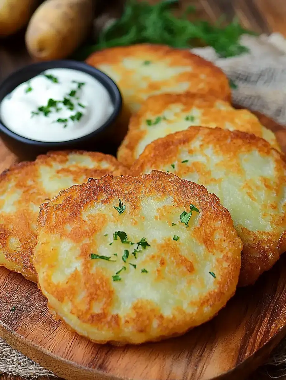 Un plateau en bois avec plusieurs galettes de pommes de terre bien dorées, garnies d’herbes, accompagné d’un bol de crème fraîche.