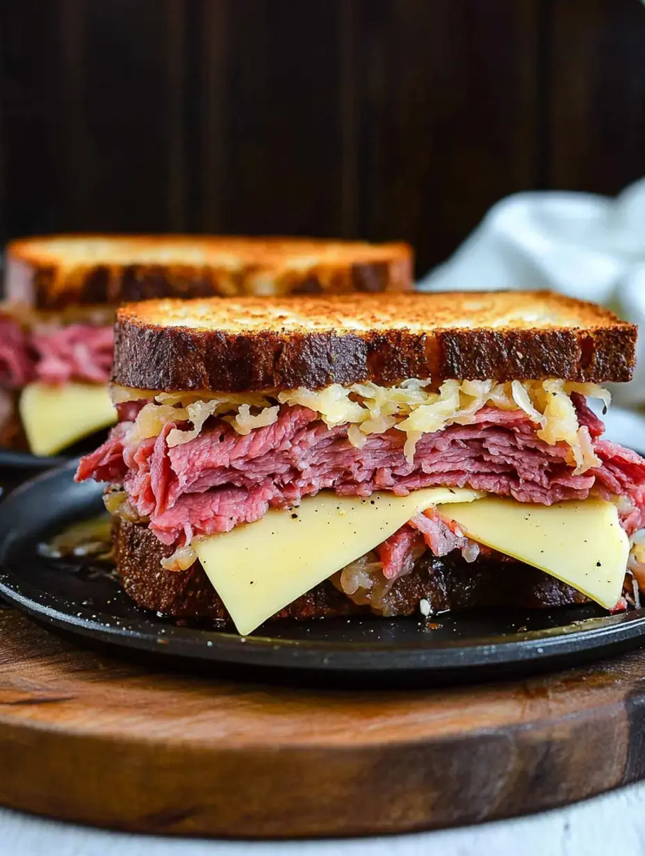 Gros plan sur un sandwich bien garni : couches de bœuf salé, choucroute, fromage dans du pain grillé sur une assiette noire.