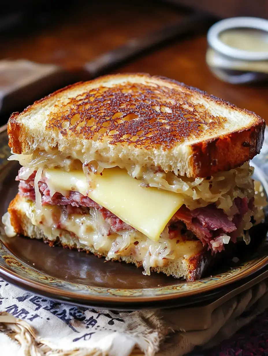Sandwich grillé bien garni bœuf salé, fromage fondu, choucroute et pain toasté.