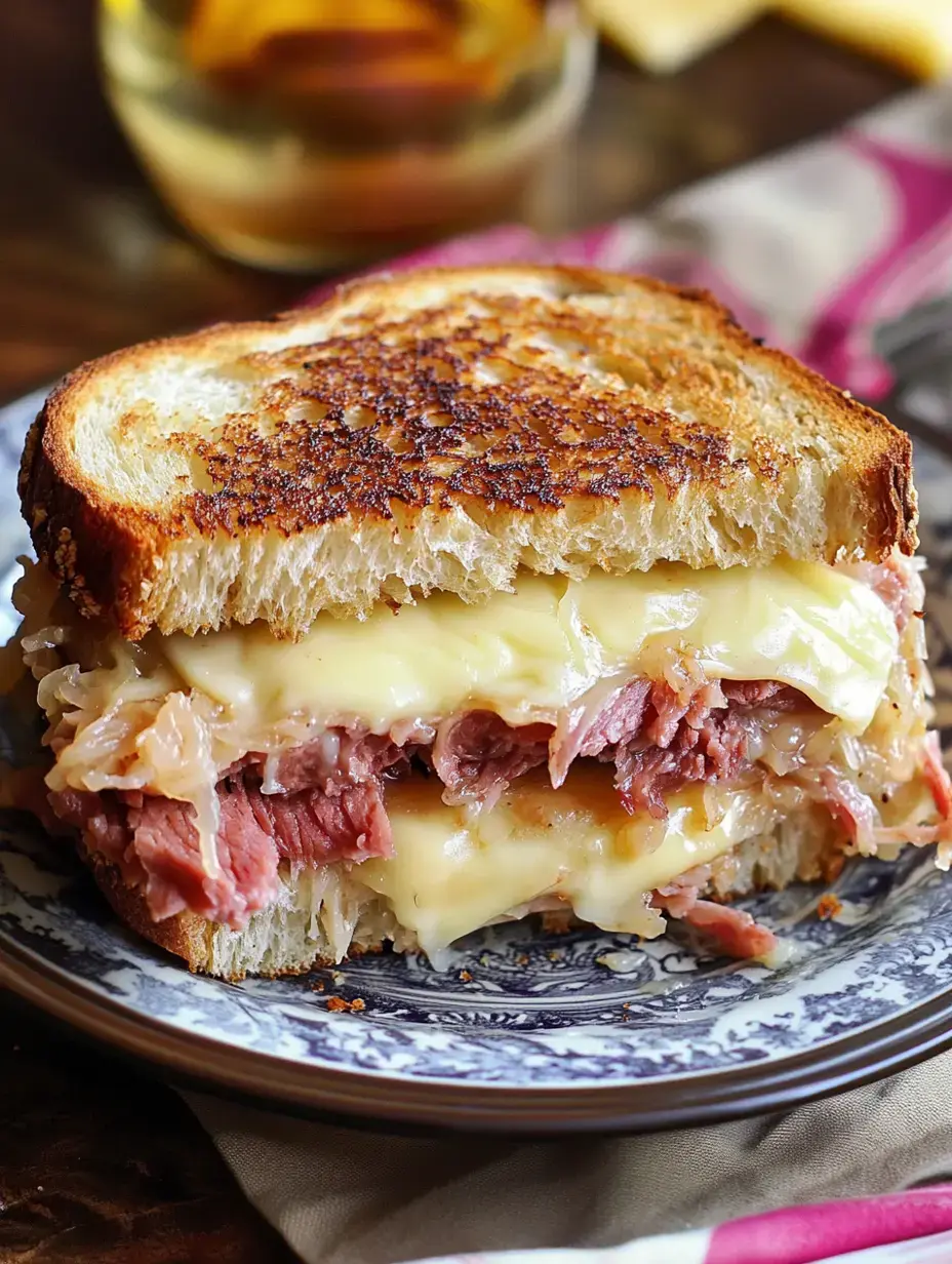 Gros plan sur un sandwich grillé rempli de bœuf salé, fromage fondu et choucroute dans du pain toasté, posé sur une belle assiette.