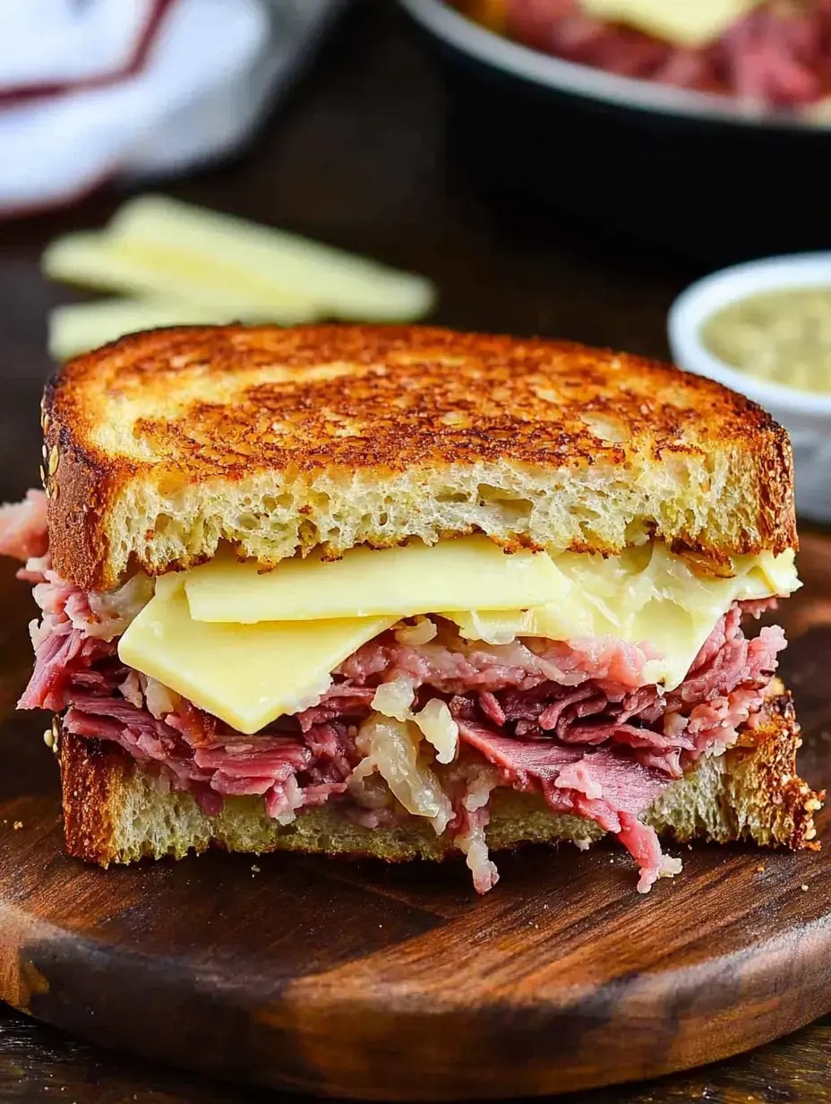 Sandwich toasté garni généreusement de bœuf salé et fromage fondu dans du pain rustique.