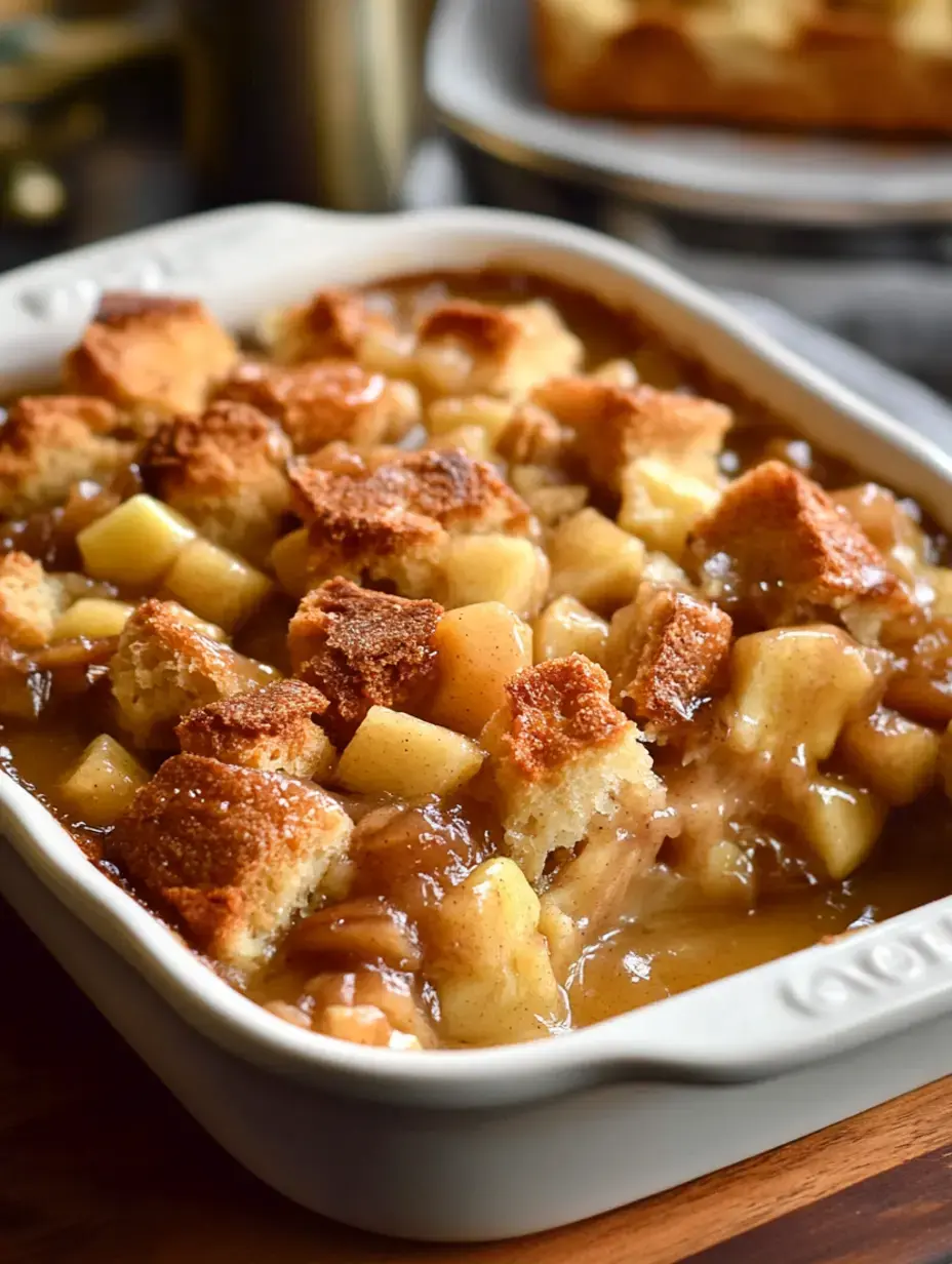 Gros plan sur un dessert aux pommes tout juste cuit, avec des quartiers fondants et un dessus de brioche bien doré dans un plat blanc.
