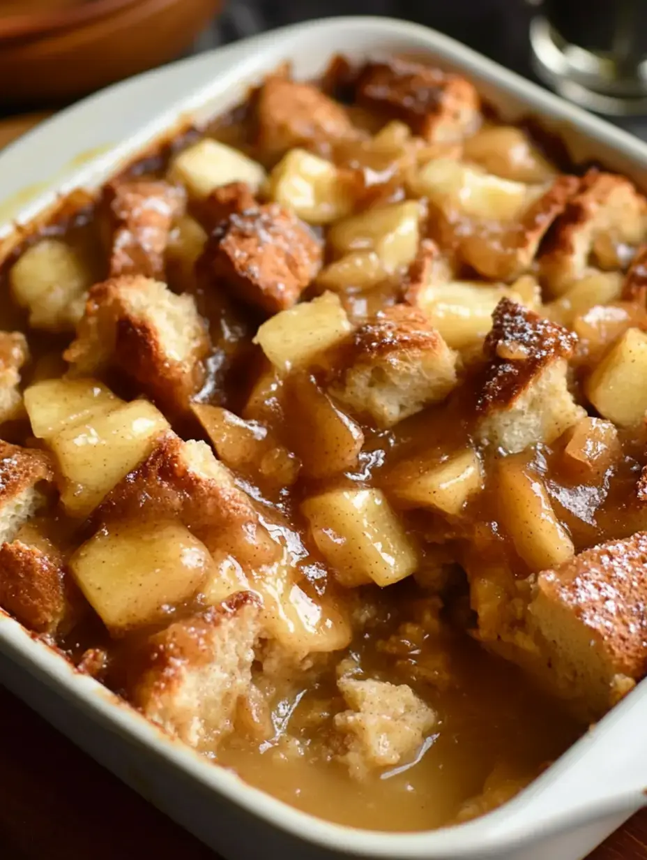 Zoom sur un pudding aux pommes tout chaud, plein de morceaux et nappé d’une sauce caramel brillante.