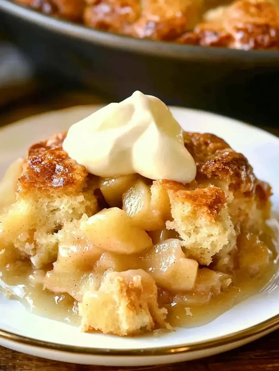 Gros plan d’un cobbler aux pommes servi avec une cuillère de chantilly sur une assiette blanche.