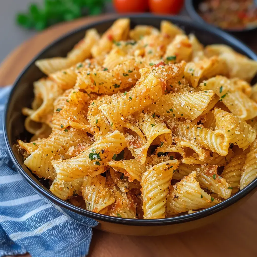Gros plan d'un bol de pâtes saupoudrées de fromage et d'herbes, accompagné d'une serviette à carreaux bleus et de tomates fraîches en arrière-plan.