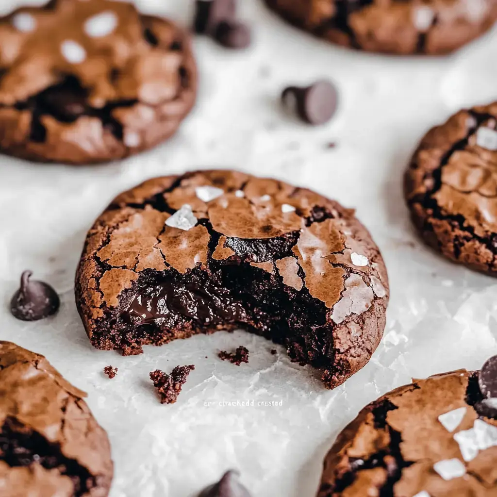 Un cookie au chocolat croqué montrant un cœur fondant, entouré d'autres cookies et de pépites de chocolat.