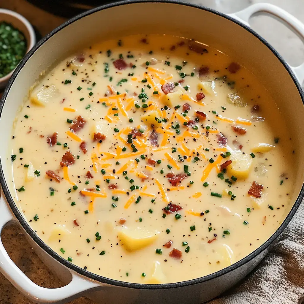 Une soupe crémeuse aux patates garnie de bacon émietté, de fromage râpé et de ciboulette hachée dans une casserole blanche.