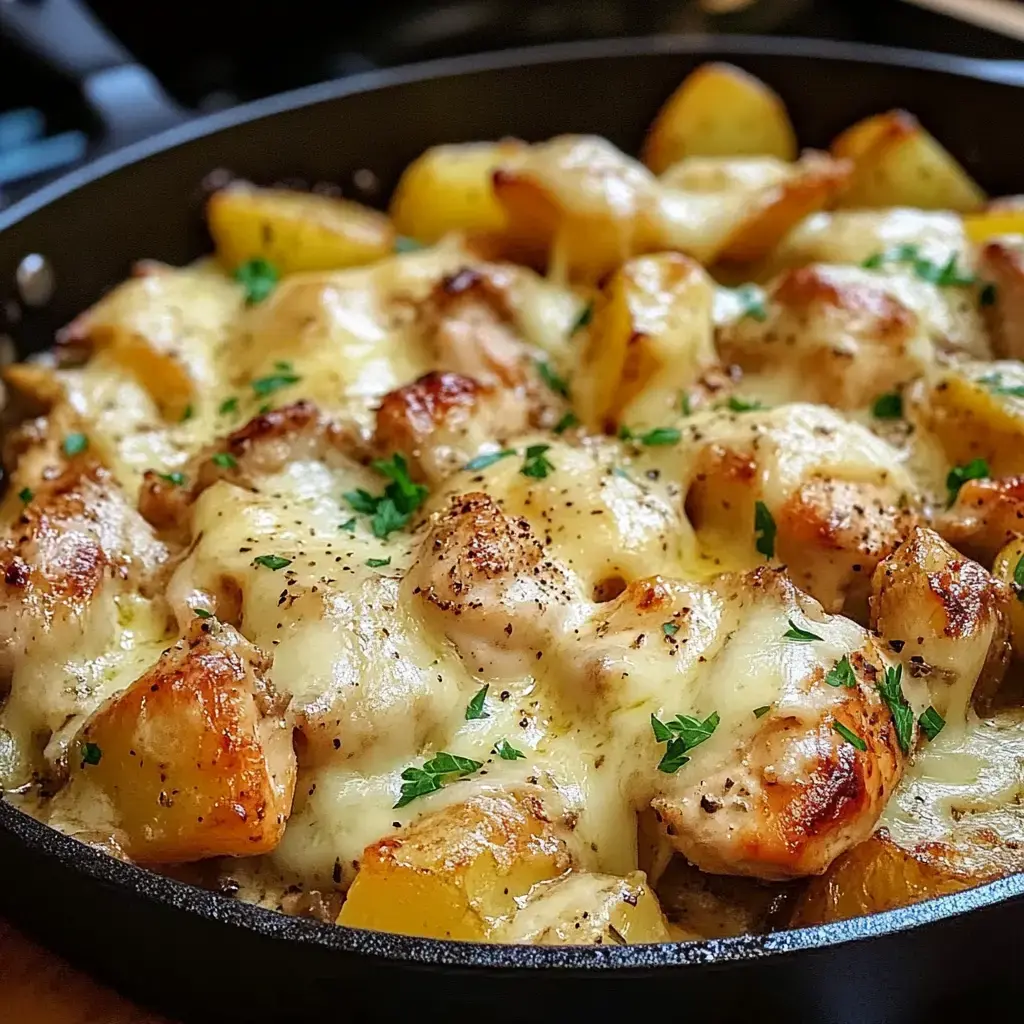 Une poêle en fonte remplie de poulet gratiné au fromage et de pommes de terre dorées, décorée de persil frais.