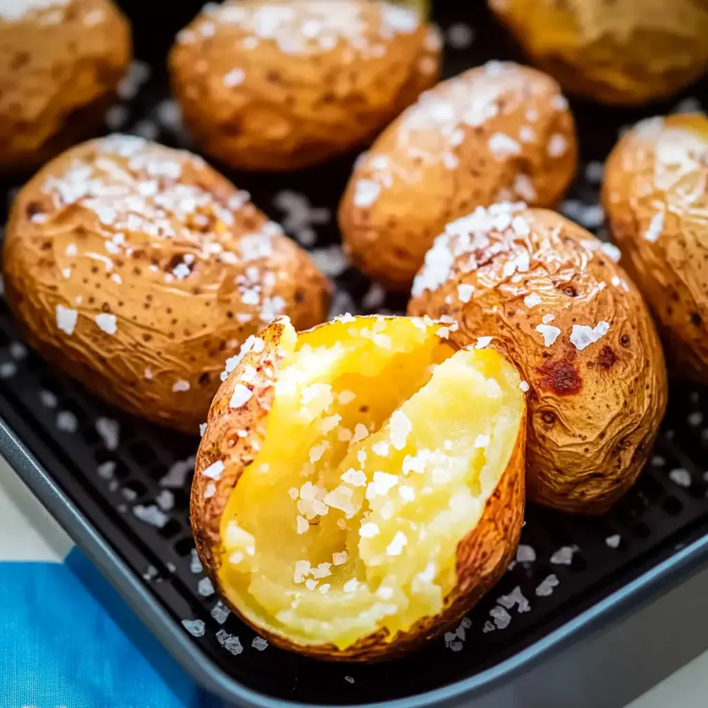 Un gros plan sur plusieurs pommes de terre bien dorées parsemées de sel marin. Une d’entre elles est coupée pour montrer son intérieur moelleux.
