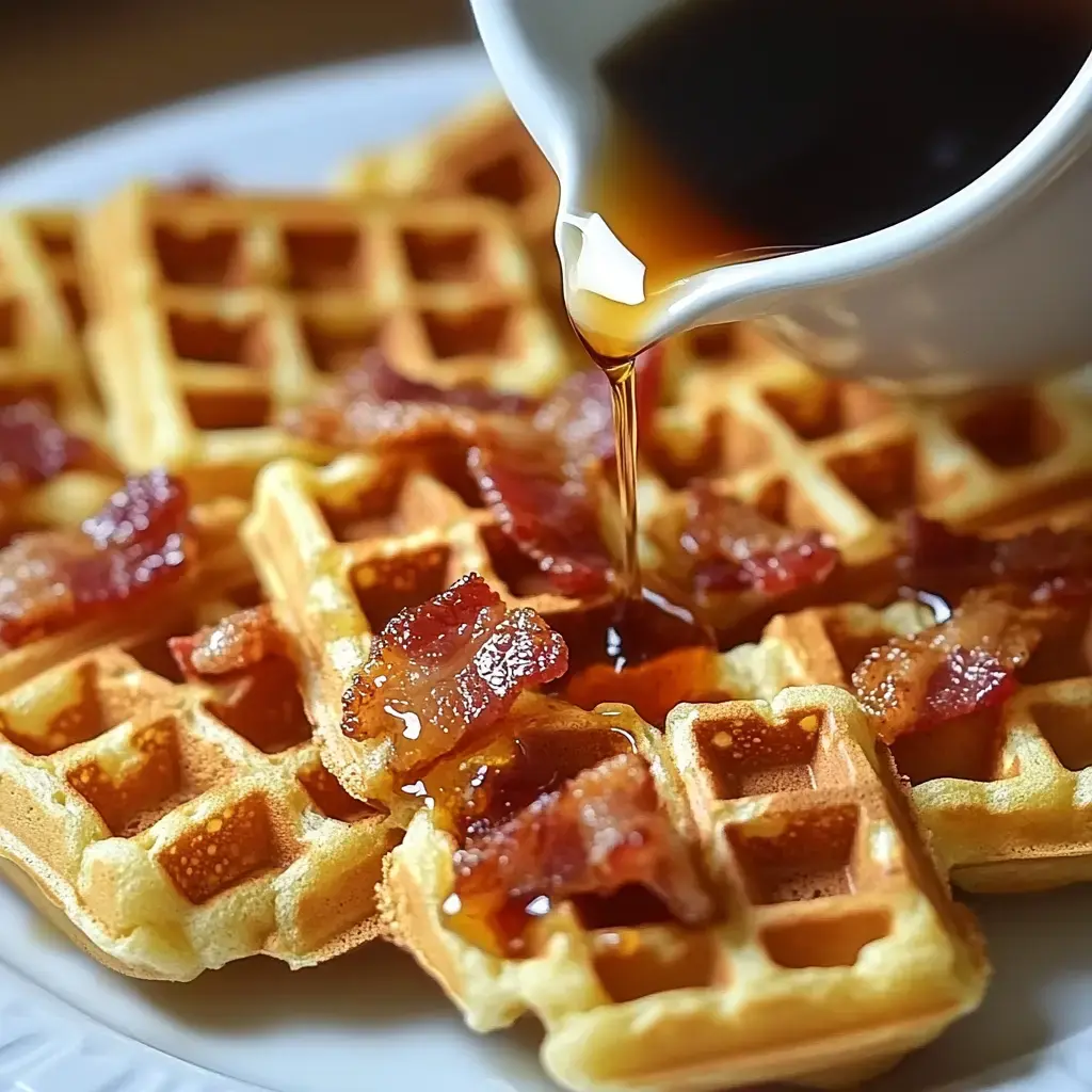 Un plat de gaufres garnies de bacon croustillant et arrosées de sirop.