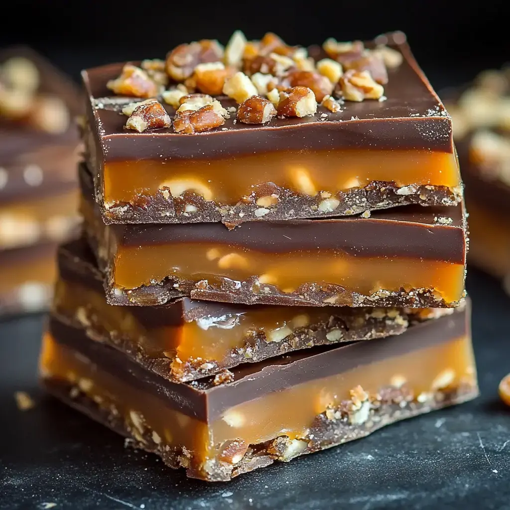 Gros plan sur des friandises chocolatées et caramélisées empilées avec des éclats croquants.