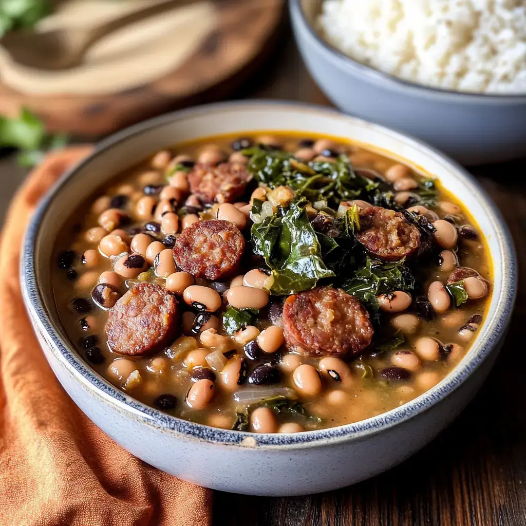 Un bol de soupe consistante avec des haricots noirs, des fèves claires, des tranches de saucisse et des légumes verts, accompagné d'une portion de riz blanc.