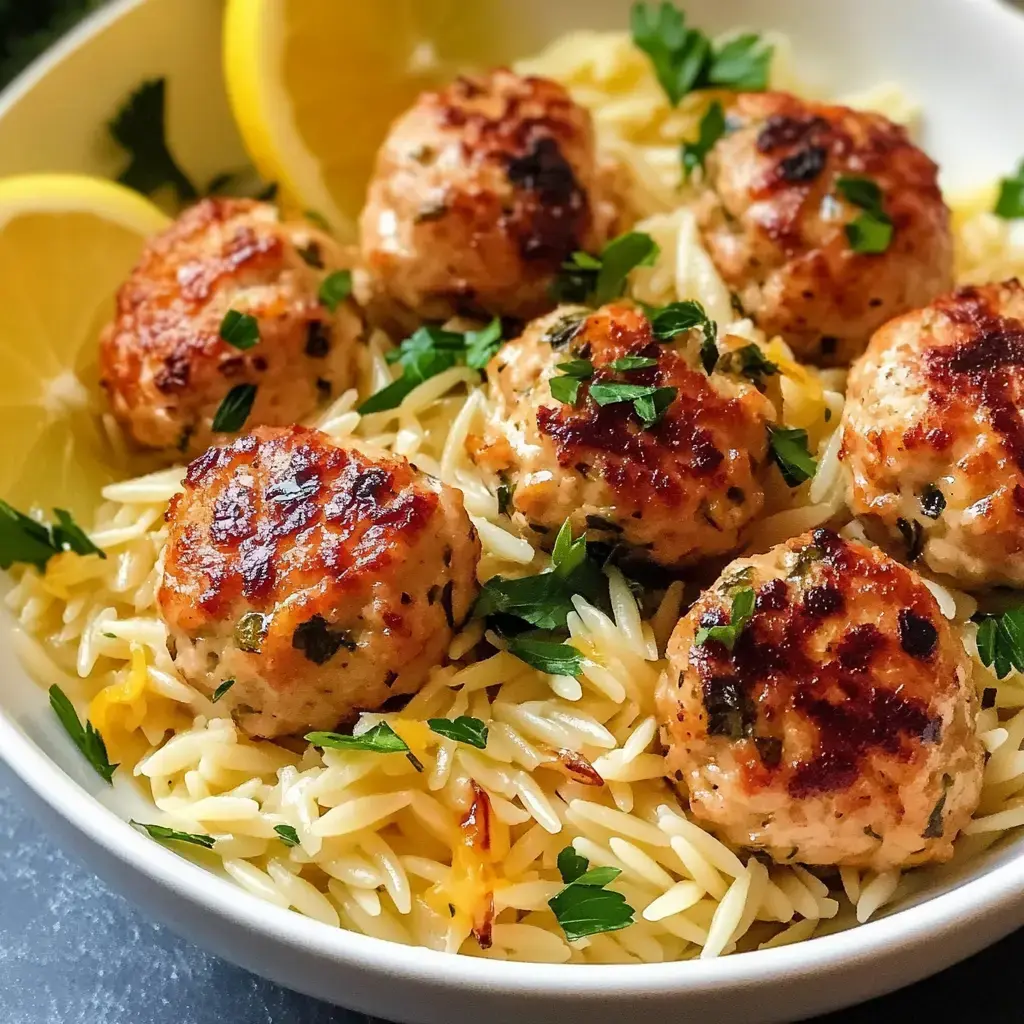 Un bol d'orzo garni de boulettes dorées, décoré avec du persil et des tranches de citron.