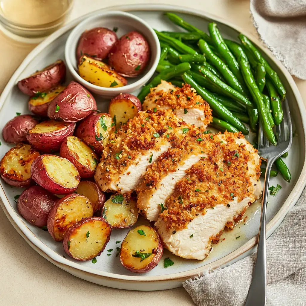 Un plat avec poulet pané croustillant, pommes de terre rôties et haricots verts.