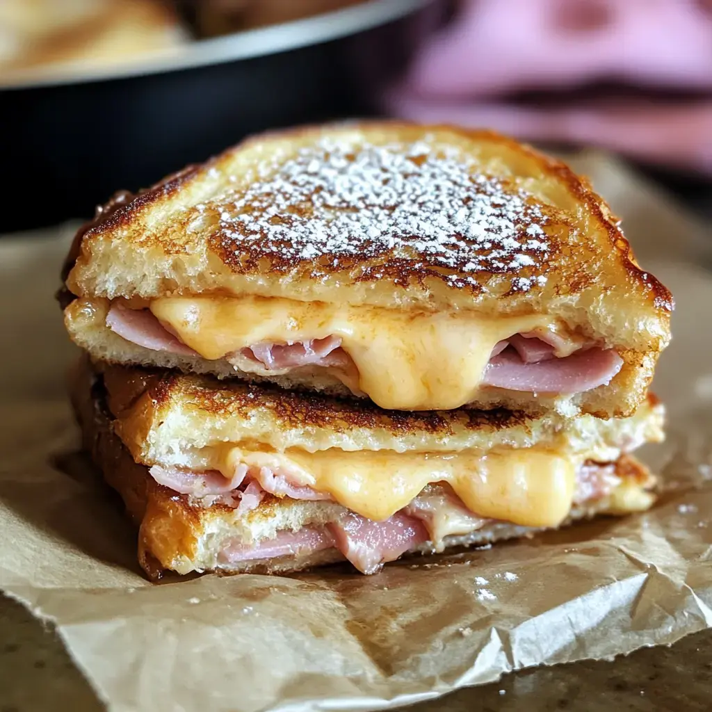 Un gros plan d’un sandwich délicieusement doré, garniture fondue de fromage et de jambon, saupoudré de sucre glace, sur une feuille de papier parchemin marron.