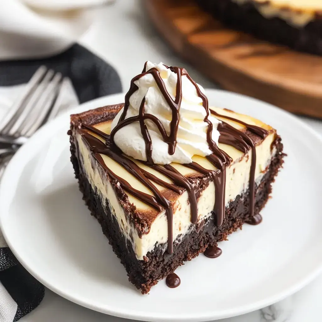 Une part de cheesecake chocolat et vanille avec chantilly et filet de chocolat, servie sur une assiette blanche.