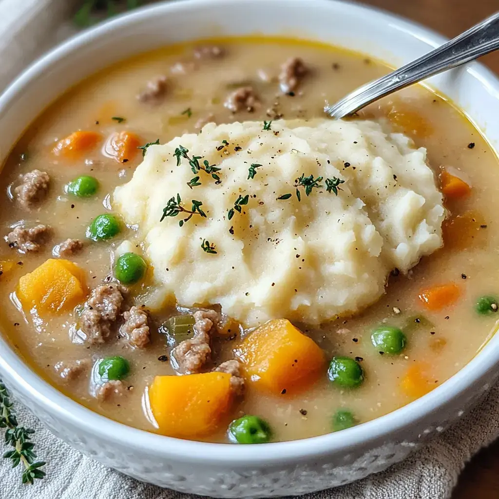 Un bol de soupe généreuse avec viande hachée, légumes en dés et une belle cuillerée de purée crémeuse garnie d'herbes.