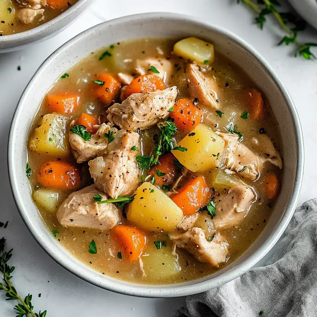 Un bol généreux de soupe au poulet avec des morceaux de poulet, carottes, pommes de terre et herbes dans un bouillon parfumé.