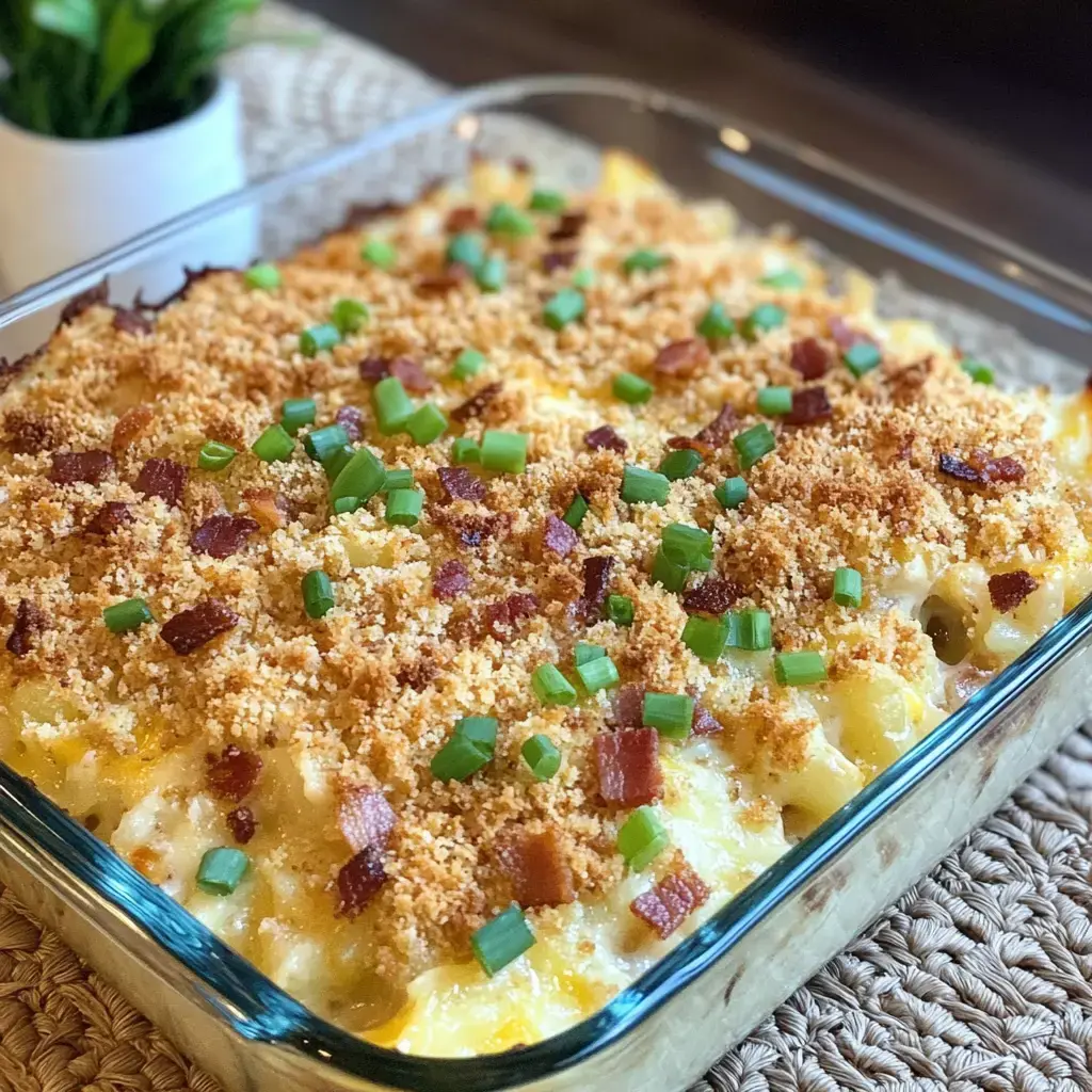 Un plat en verre rempli de gratin doré, décoré de miettes croustillantes, morceaux de bacon et oignons verts, posé sur un set de table tressé à côté d'une plante en pot.