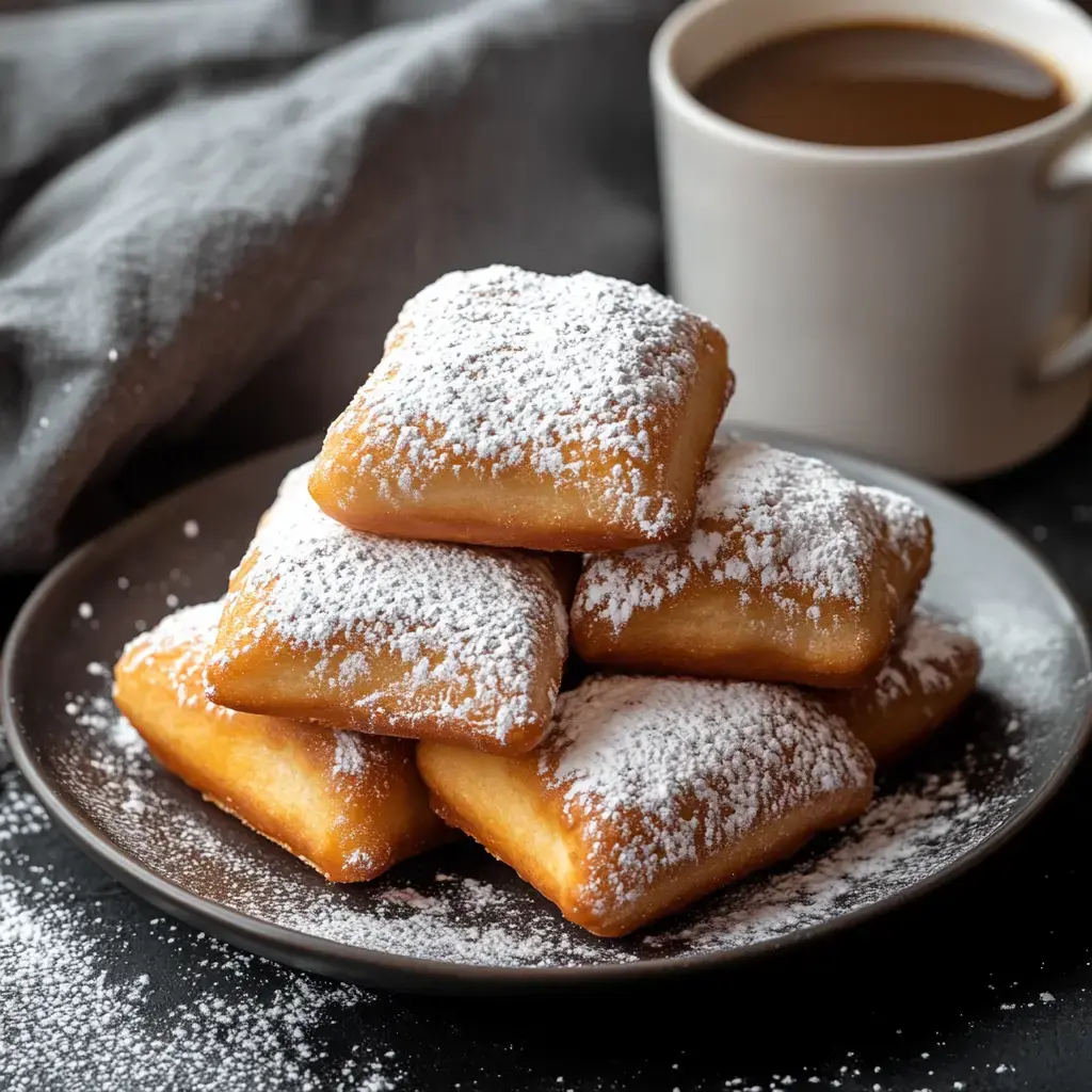 Un tas de pâtisseries saupoudrées de sucre glace sur une assiette, à côté d'une tasse de café.