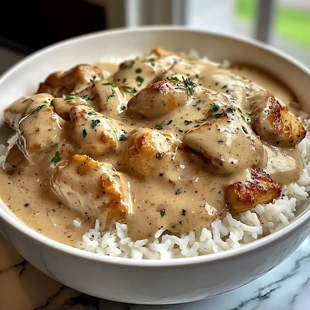 Un bol de riz garni de morceaux de poulet nappés de sauce crémeuse et décoré d'herbes.