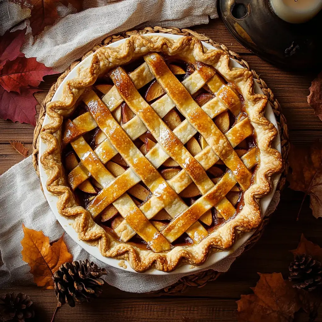 Une tarte aux pommes dorée et décorative avec une croûte en croisillons, posée sur une table en bois rustique entourée de feuilles d'automne et de pommes de pin.