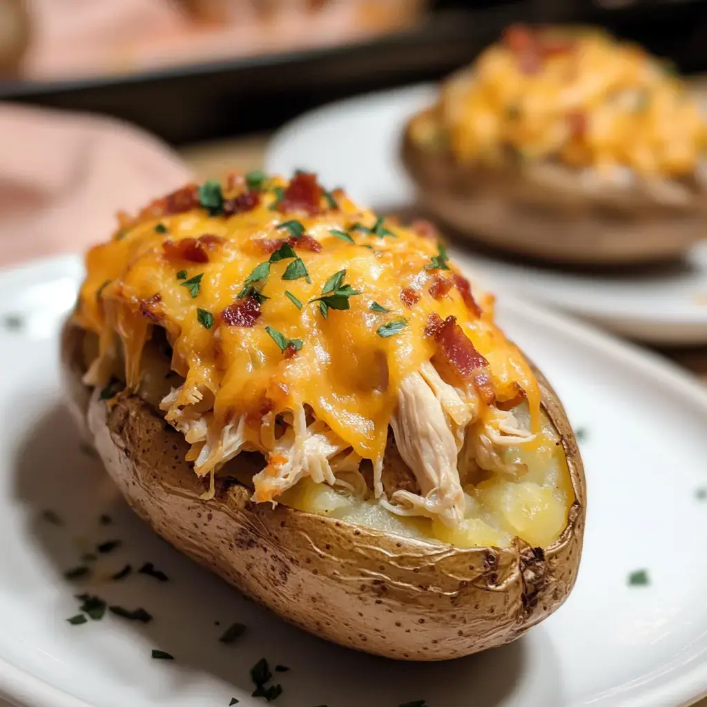 Une pomme de terre au four est garnie de poulet effiloché, de cheddar fondu, de morceaux croustillants de bacon et de persil frais.