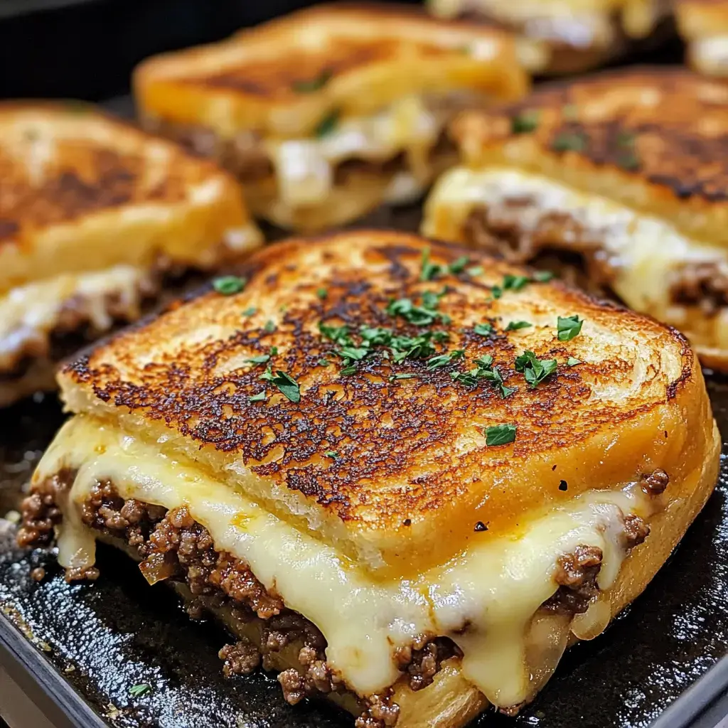 Gros plan sur des sandwichs grillés avec fromage fondu et steak haché, décorés de persil haché.