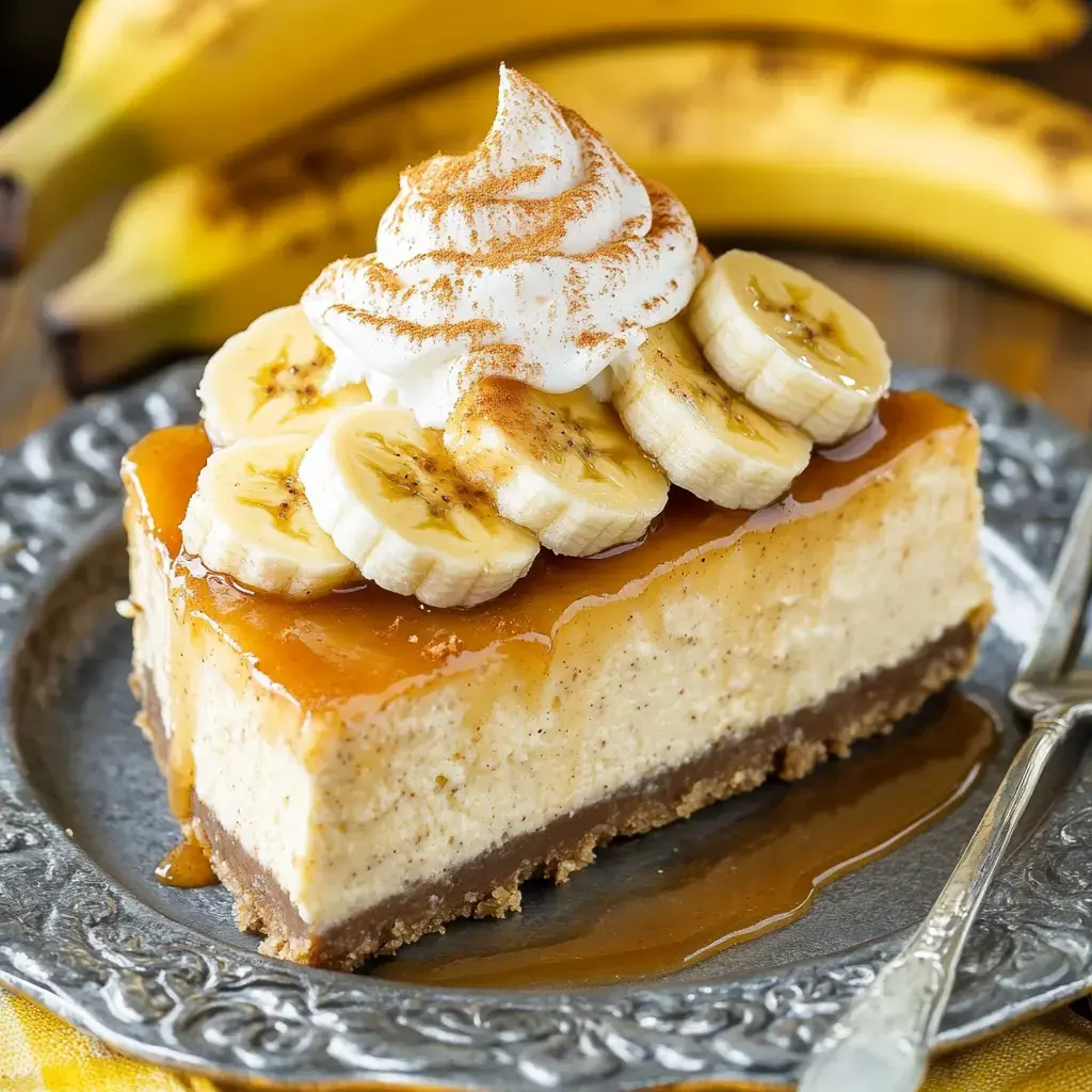 Une part de cheesecake à la banane, surmontée de tranches de banane, de crème fouettée et de sauce caramel, servie sur une assiette argentée avec des bananes en arrière-plan.