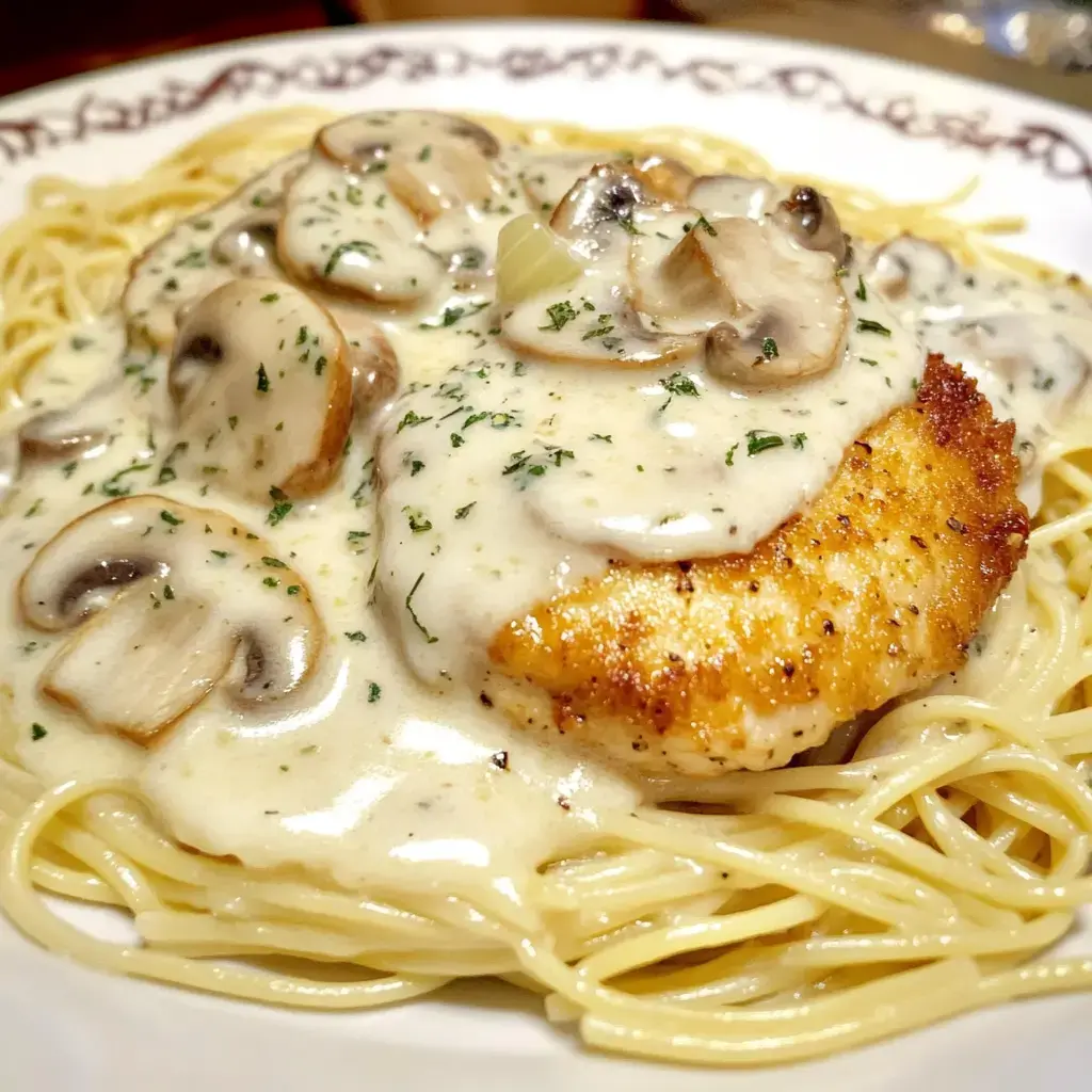 Une assiette de pâtes nappée d'une sauce champignons crémeuse et garnie d'un filet de poulet croustillant.