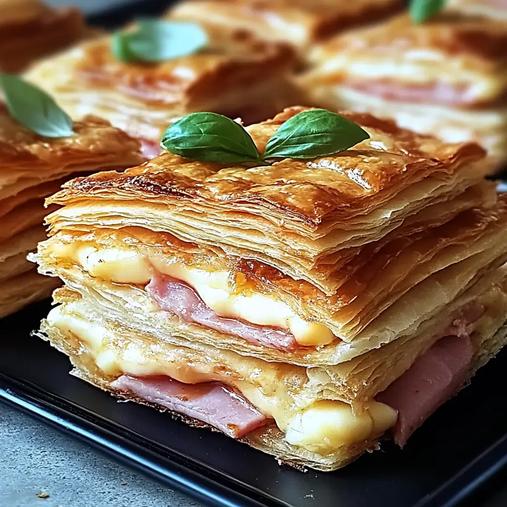 Un gros plan sur une pâte feuilletée garnie de fromage et jambon, ornée d’une feuille de basilic.