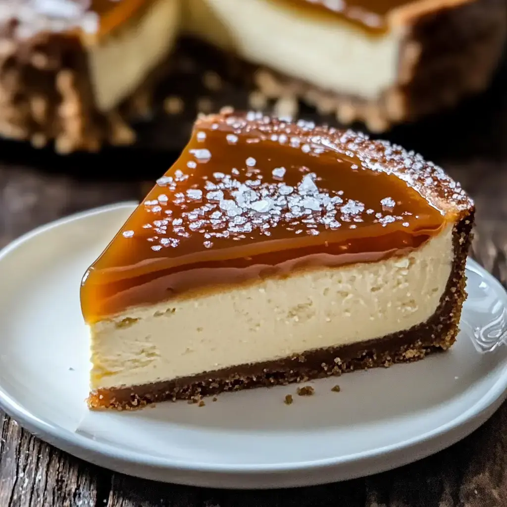 Une part de cheesecake onctueux avec un glaçage au caramel brillant et une pincée de sel, servie sur une assiette blanche.