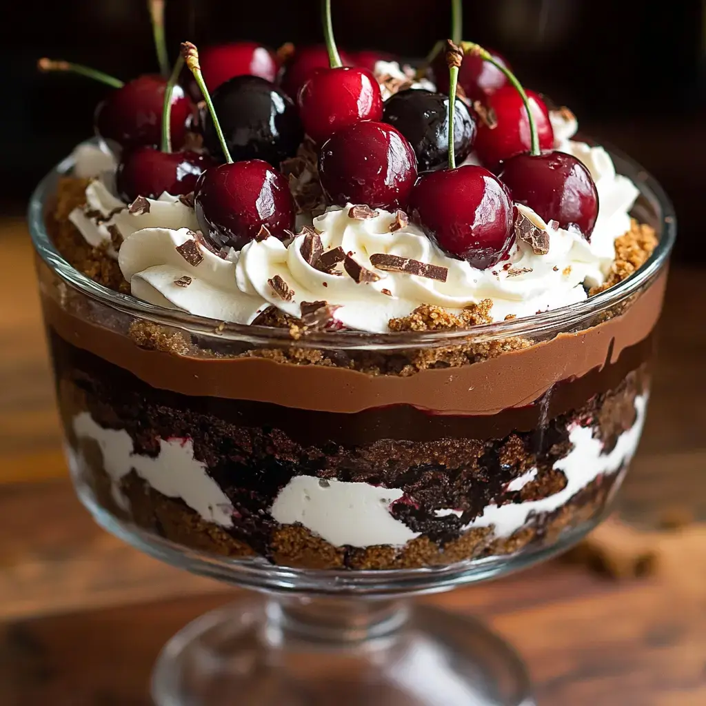 Un bol en verre avec des couches de chocolat, crème, cerises et copeaux de chocolat.