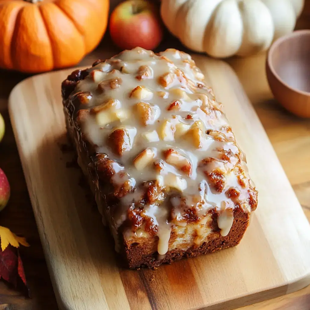 Un pain aux pommes glacé posé sur une planche en bois, entouré de citrouilles et de pommes.
