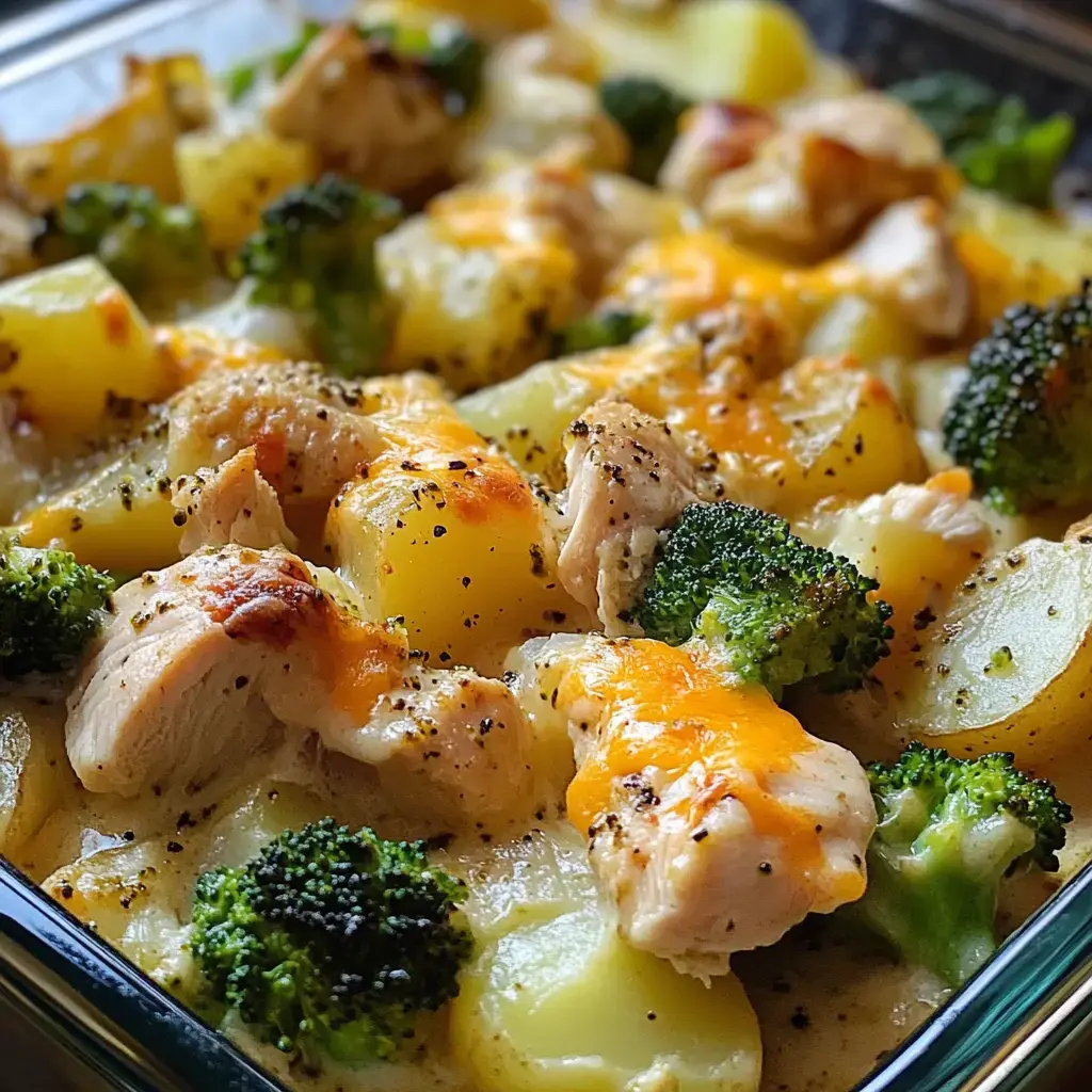 Un gros plan d’un plat gratiné avec morceaux de poulet, brocoli et dés de pommes de terre recouverts de fromage fondu et poivre noir.