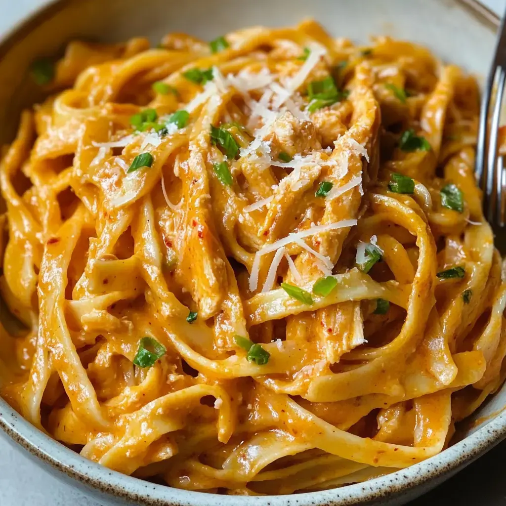 Un gros plan de pâtes fettuccine crémeuses avec du poulet râpé, des oignons verts et du parmesan râpé dans un bol.