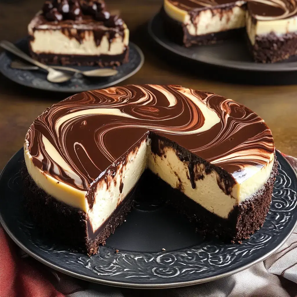 Un cheesecake riche, marbré avec un tourbillon de chocolat sur le dessus, partiellement tranché, présenté sur une assiette décorative.