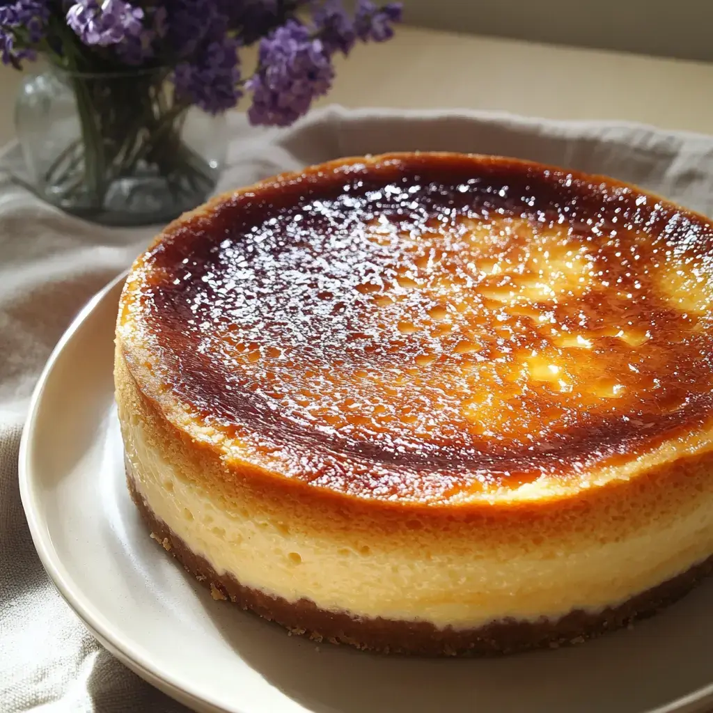 Un cheesecake joliment doré, saupoudré de sucre glace, présenté sur une assiette à côté d’un bouquet de fleurs violettes.