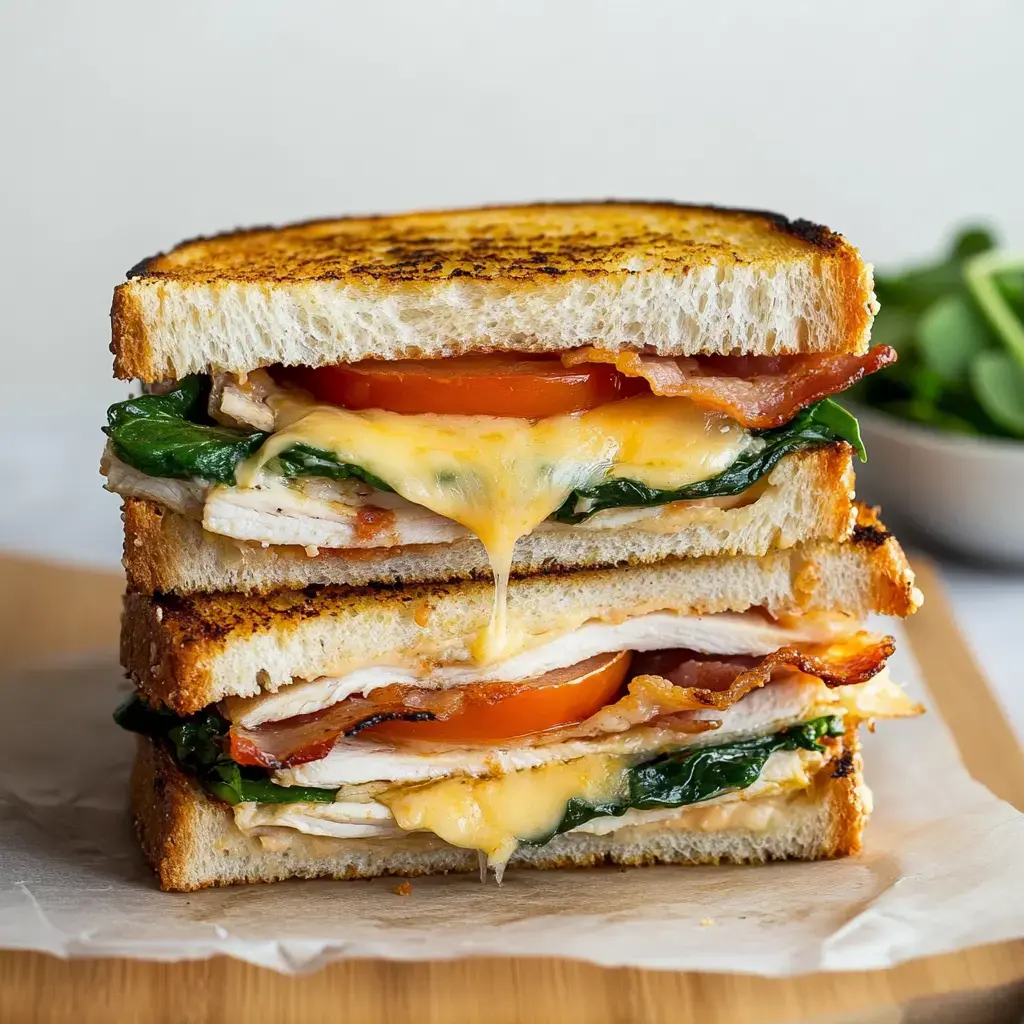 Un sandwich garni de dinde, épinards, tomates, bacon croustillant et fromage fondant, servi sur du pain toasté.