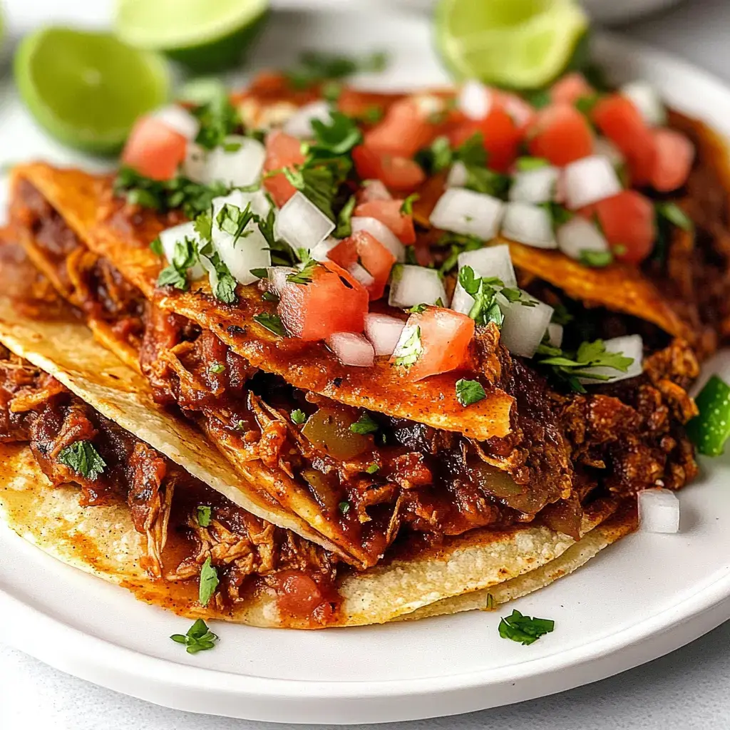 Un plat avec des tortillas empilées, garnies de viande effilochée, sauce, dés de tomates, oignons, et coriandre, accompagnées de quartiers de citron vert.