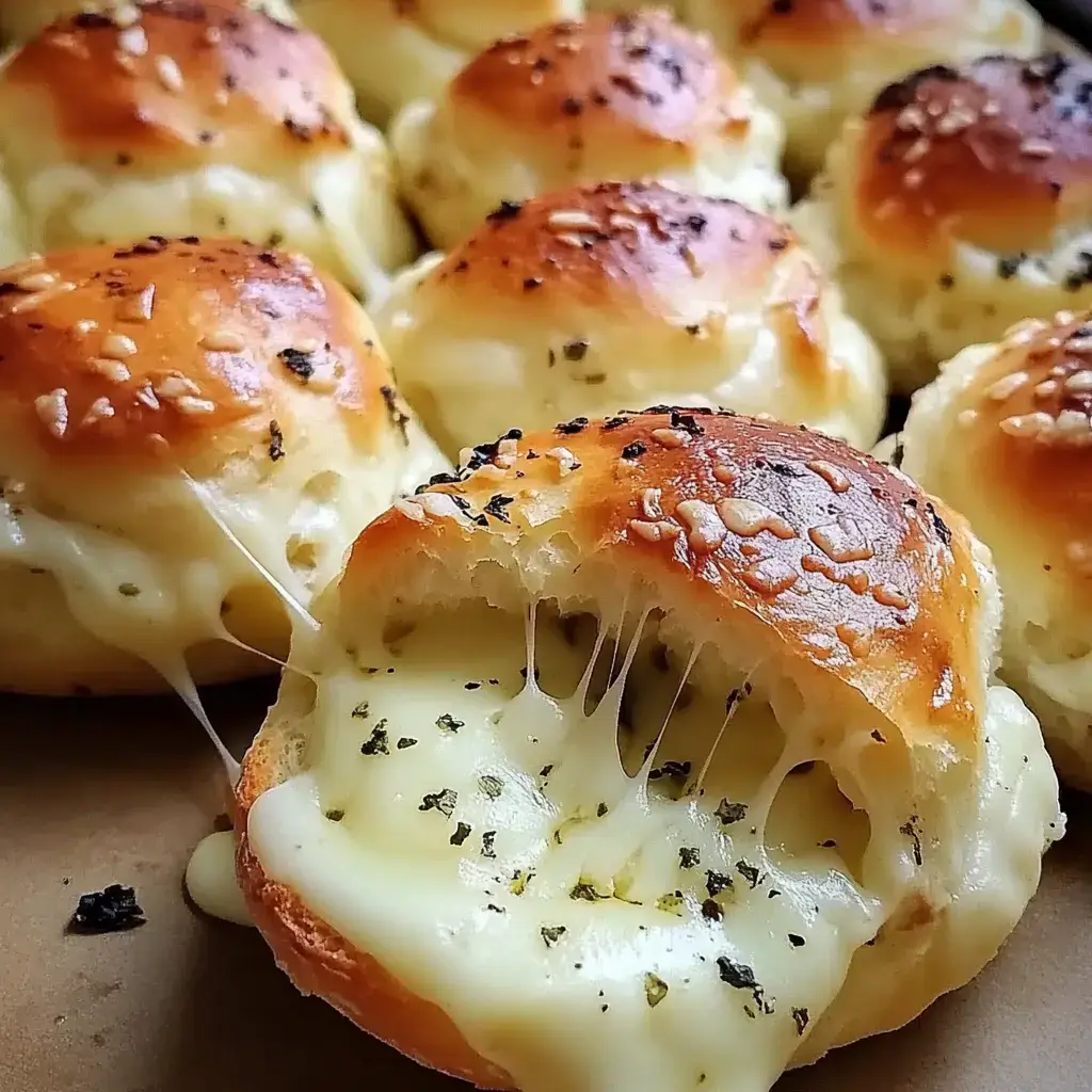 Vue rapprochée de petits pains dorés garnis de fromage fondant, avec une croûte croustillante et un fromage qui s’étire depuis une bouchée.