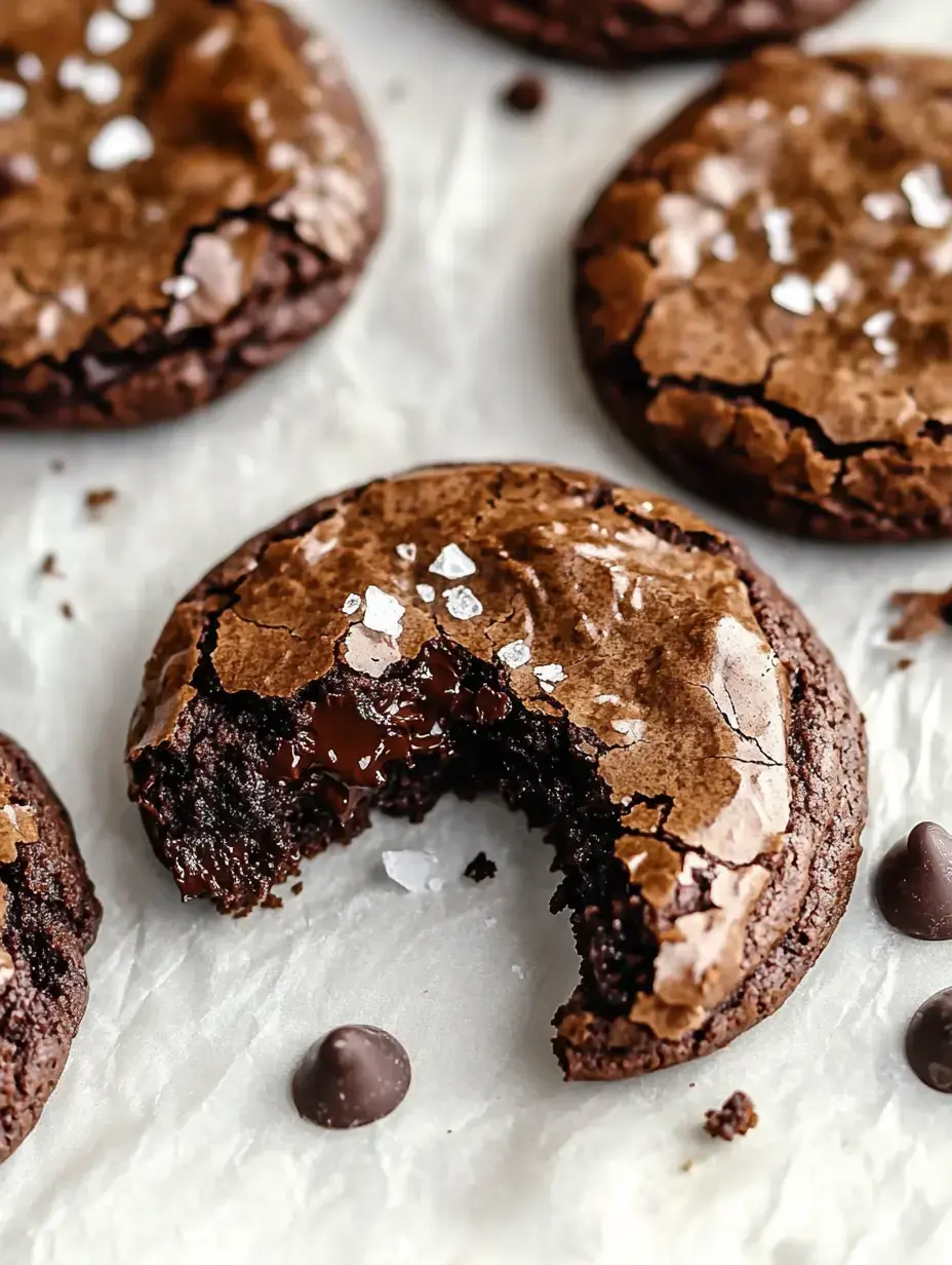 Gros plan sur des cookies brownies moelleux avec un morceau croqué, dévoilant un cœur coulant au chocolat, parsemé de fleur de sel.