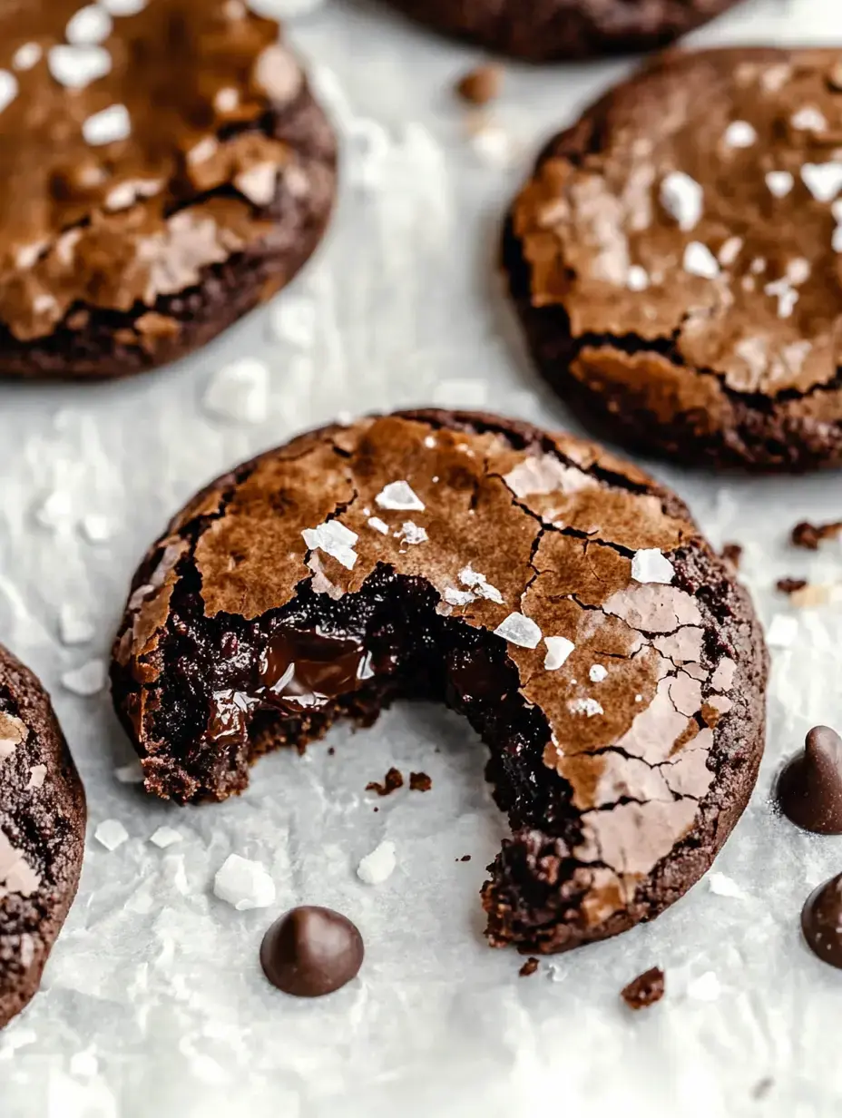 Zoom sur des cookies brownies cassés montrant du chocolat fondant et parsemés de fleur de sel sur papier cuisson.