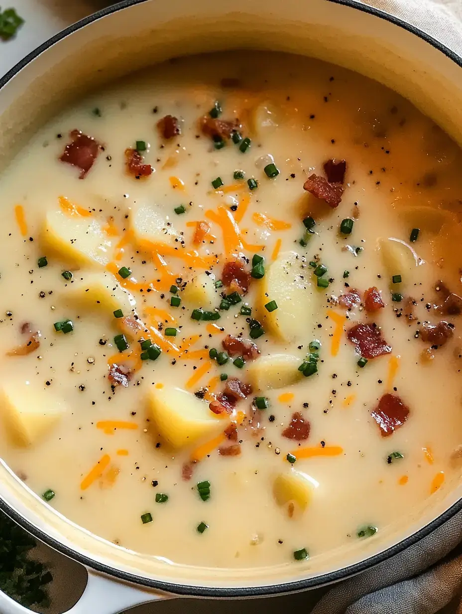 Une soupe crémeuse de pommes de terre avec des lardons, de la ciboulette et du fromage râpé dans une cocotte blanche.
